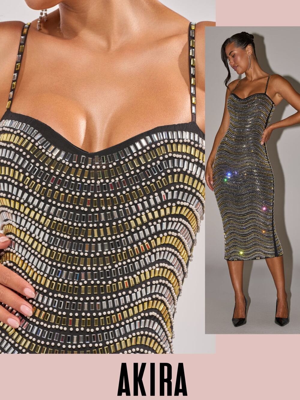 Akira beaded dress bodycon strappy gold silver black midi 1X